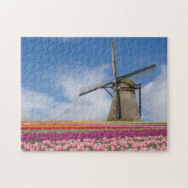Windmill And Colourful Tulips Amsterdam Netherland Jigsaw Puzzle (Horizontal)