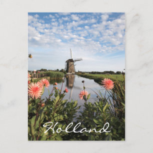 Windmill and pink dahlia flowers in Holland Postcard