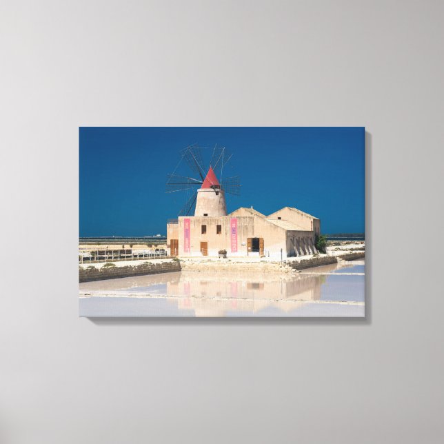 Windmill and salt pans at the salina of Trapani Canvas Print (Front)