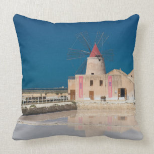 Windmill and salt pans at the salina of Trapani Throw Pillow