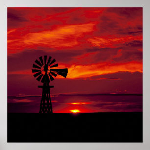 Windmill And Sunset Poster