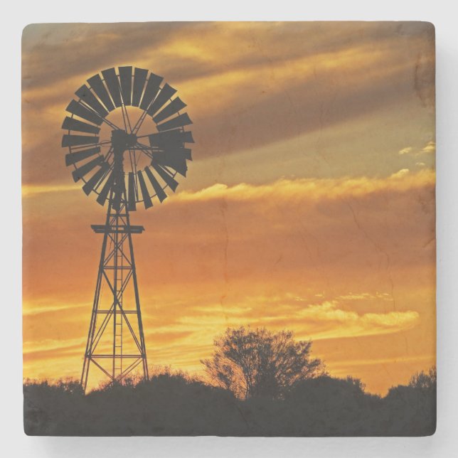 Windmill and Sunset, William Creek, Oodnadatta Stone Coaster (Front)