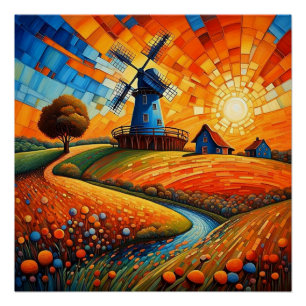 Windmill at sunset 5 poster