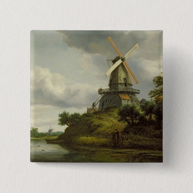 Windmill by a River 2 Inch Square Button (Front)