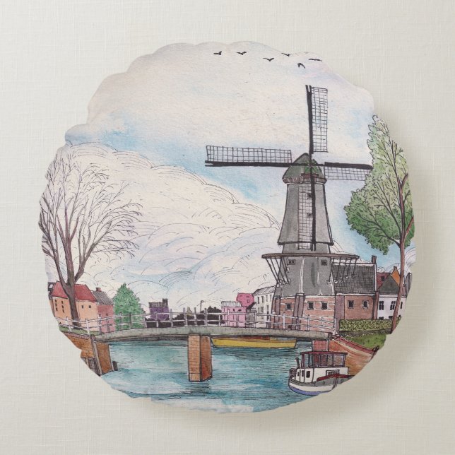 Windmill De Adriaan Haarlem Netherlands Watercolor Round Pillow (Front)
