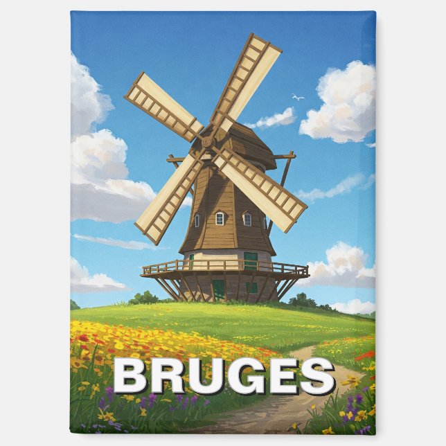 Windmill in Bruges Belgium Travel Souvenir Magnet (Front)
