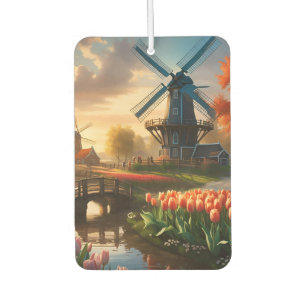 Windmill in Dutch Countryside by River with Tulips Air Freshener