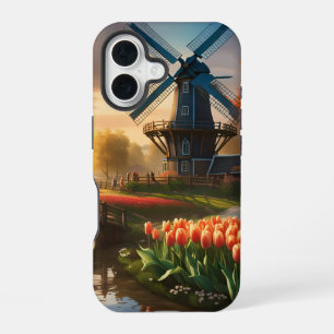 Windmill in Dutch Countryside by River with Tulips iPhone 16 Case