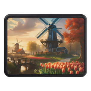 Windmill in Dutch Countryside by River with Tulips Trailer Hitch Cover