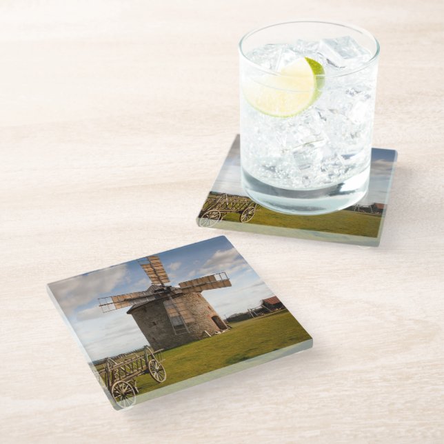 Windmill in Green Field & White Clouds & Blue Sky Glass Coaster (Angled)