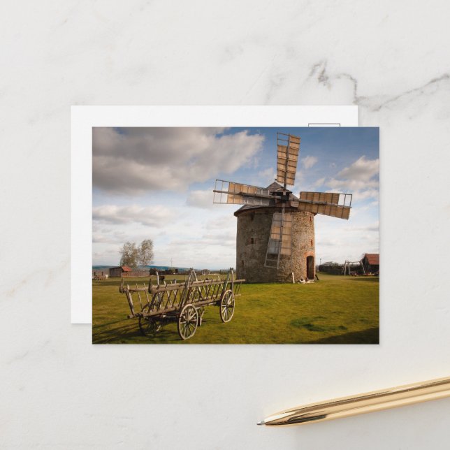 Windmill in Green Field & White Clouds & Blue Sky Postcard (Front/Back In Situ)