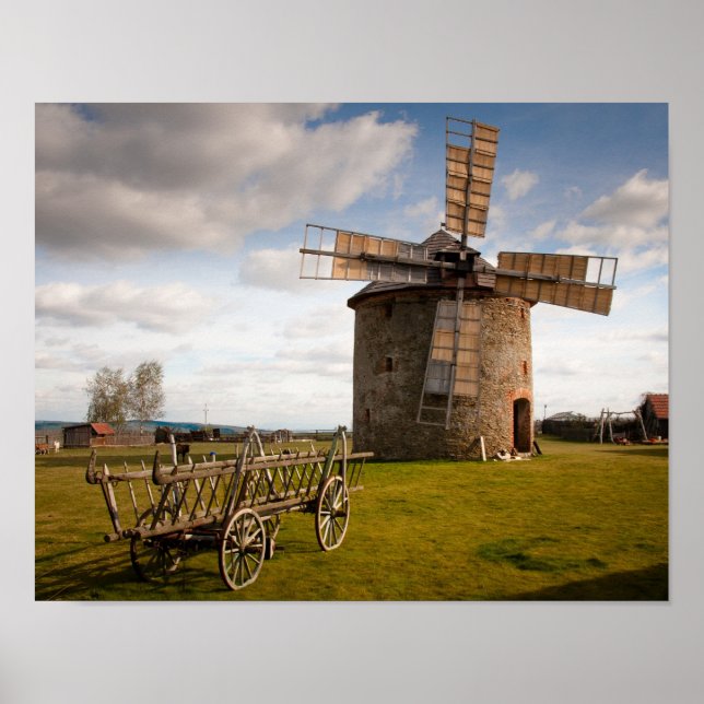 Windmill in Green Field & White Clouds & Blue Sky Poster (Front)