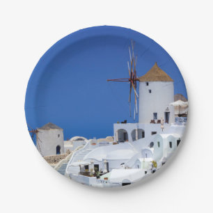 Windmill in Oia, Santorini, Greece Paper Plate