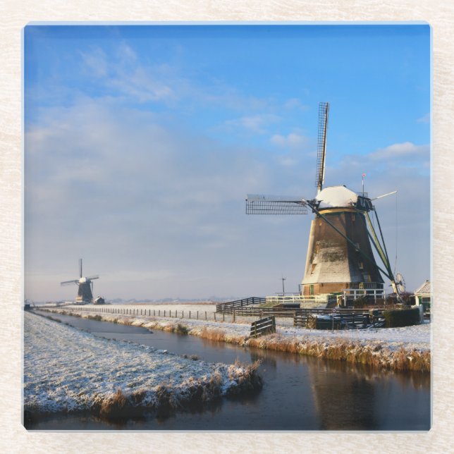 Windmill in the snow in a dutch winter landscape glass coaster (Front)