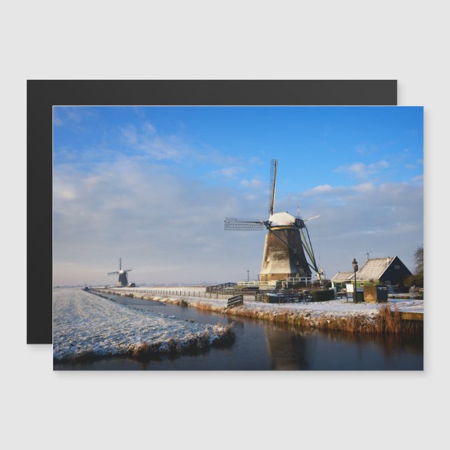 Windmill in the snow in a dutch winter landscape magnetic invitation (Front/Back)