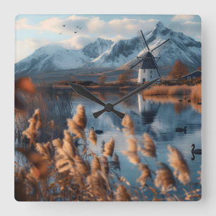 Windmill on a lake with mountains landscape square wall clock