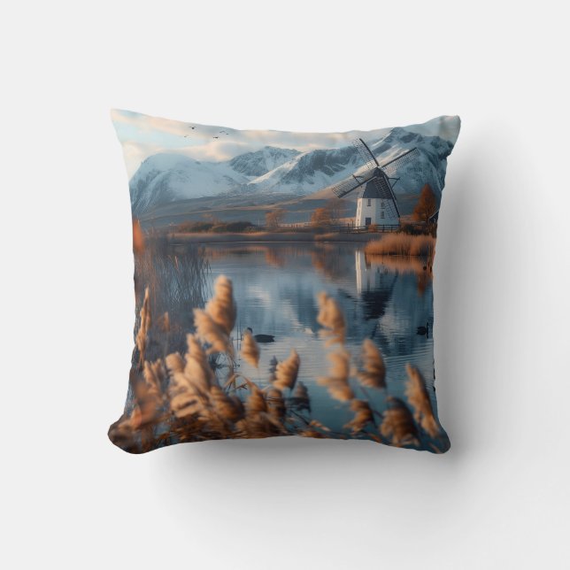 Windmill on a lake with mountains landscape throw pillow (Front)