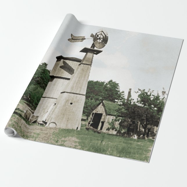 Windmill Rural Farm 1890's Colorsplash Watercolor Wrapping Paper (Unrolled)