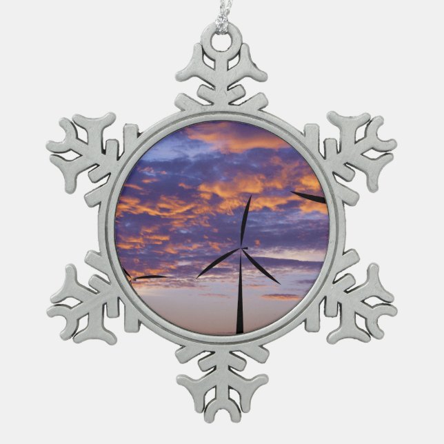 Windmill Turbine at Sunset Snowflake Pewter Christmas Ornament (Front)