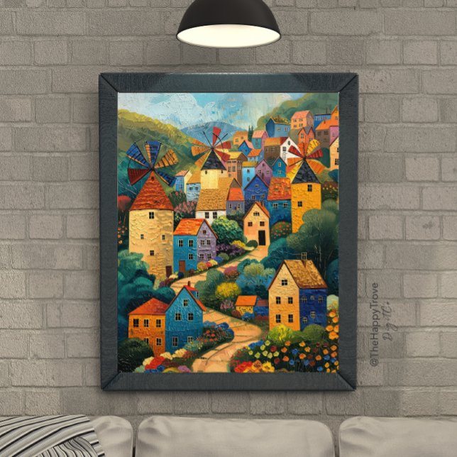 Windmill Village Folk Art Oil Painting Poster (Creator Uploaded)