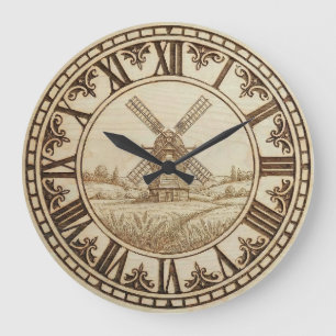 Windmill Wall Clock – Rustic Wood-Burned Style