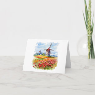 Windmill Water Colour Blank Greeting Card