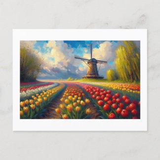 Windmill with Field of Tulips,  Postcard