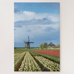 Windmill with tulips flowers vertical jigsaw puzzle