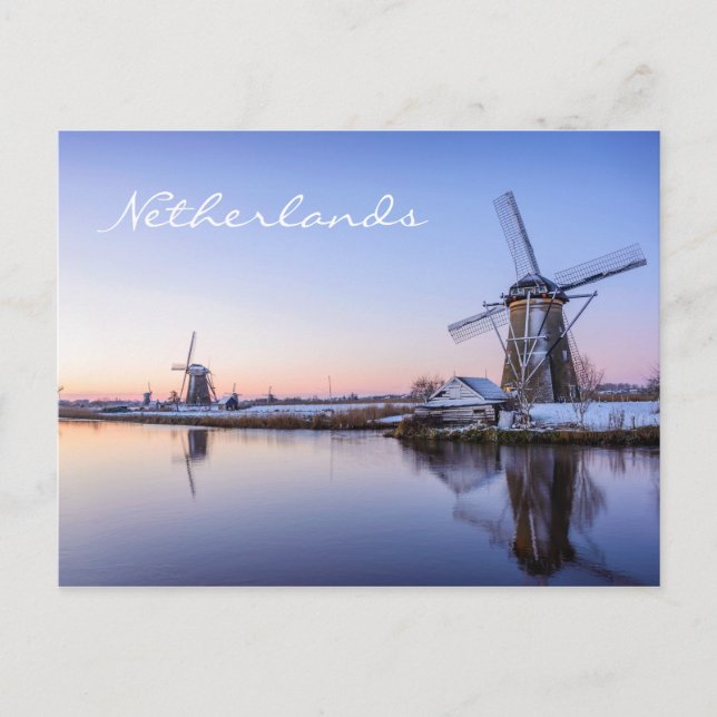 Windmills à un soleil d'hiver sur Holland carte te (Devant)
