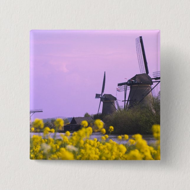 Windmills along the canal in Kinderdijk, 2 Inch Square Button (Front)