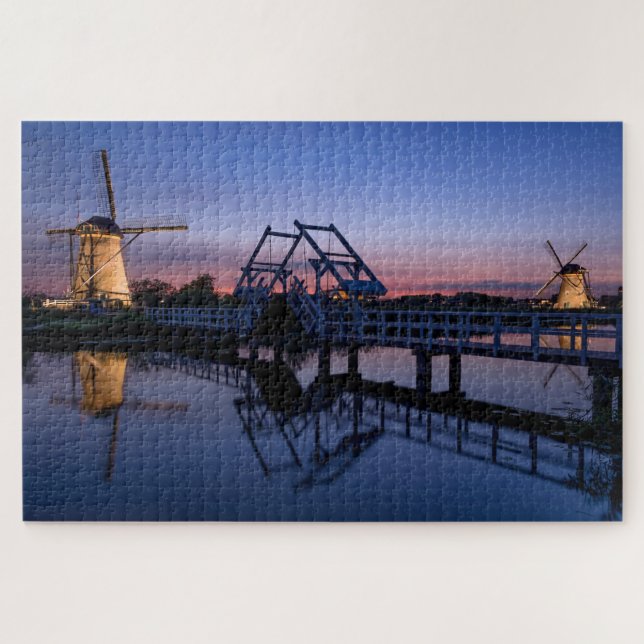 Windmills and a drawbridge at sunset jigsaw puzzle (Horizontal)