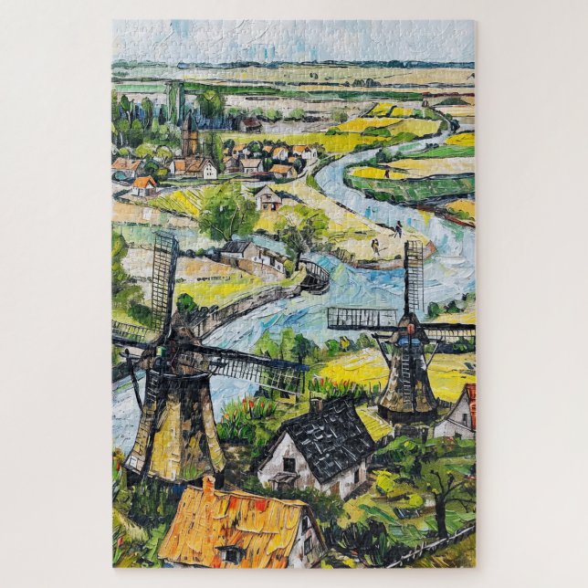 Windmills and Church by River Fantasy Painting Jigsaw Puzzle (Vertical)