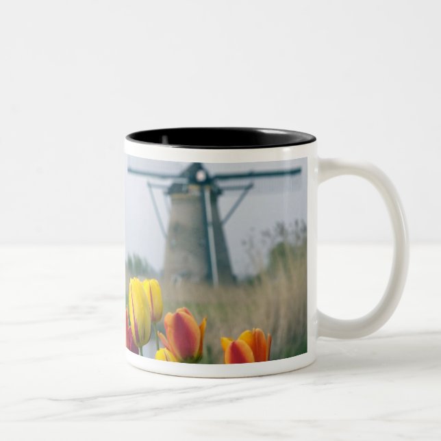 Windmills and tulips along the canal in Two-Tone coffee mug (Right)