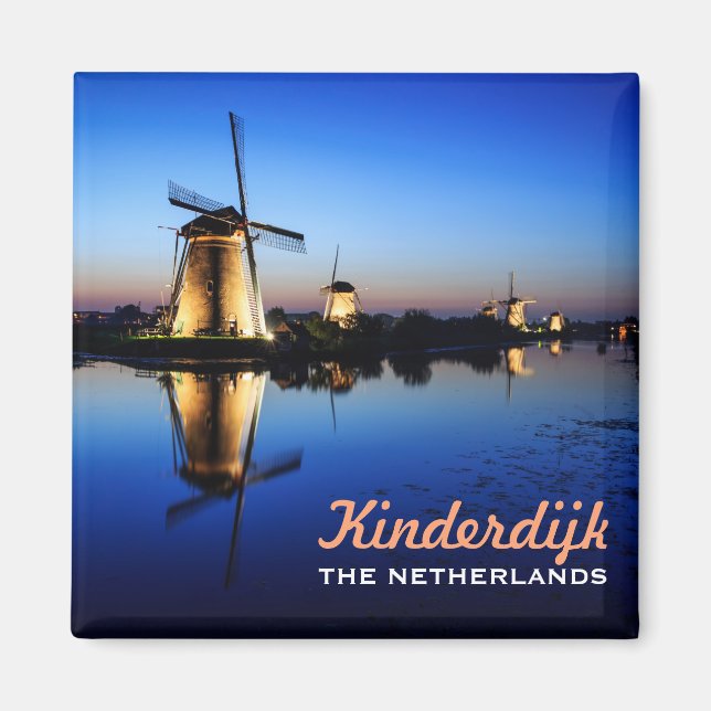 Windmills at Blue Hour in Kinderdijk aimant texte (Devant)