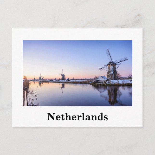 Windmills at sunrise in Holland white text card (Front)