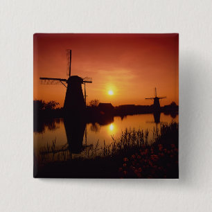 Windmills at sunset, Kinderdijk, Netherlands 2 Inch Square Button