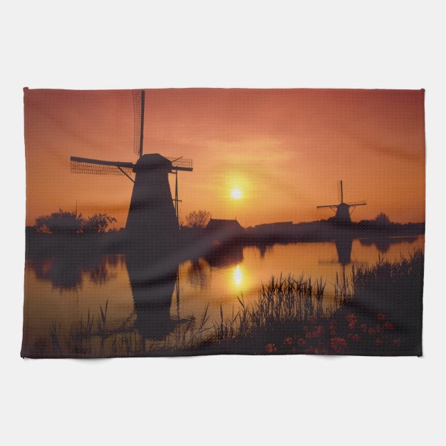 Windmills at sunset, Kinderdijk, Netherlands Kitchen Towel (Horizontal)