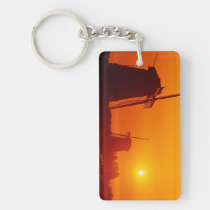 Windmills at sunset, Schermerhorn, Netherlands Keychain