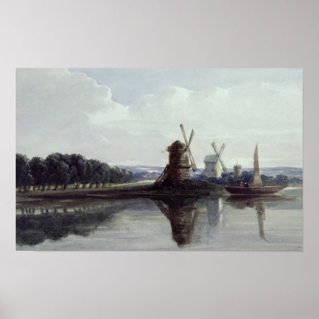Windmills by a River, 19th century Poster (Front)