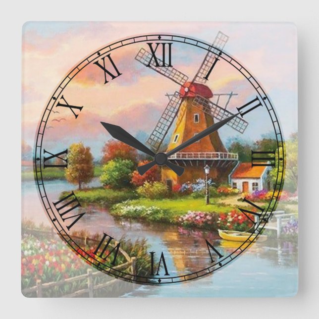 Windmills Fine Art Roman Numeral Square Wall Clock (Front)
