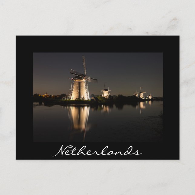 Windmills illuminated at night black postcard (Front)