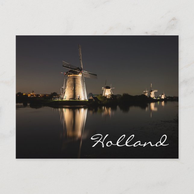 Windmills illuminé la nuit en Hollande carte posta (Devant)