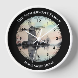 Windmills in Kinderdijk Watercolor Painting Clock