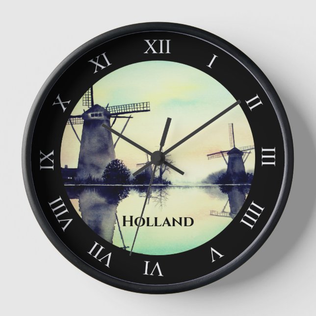 Windmills in Kinderdijk - Watercolor Painting Clock (Front)