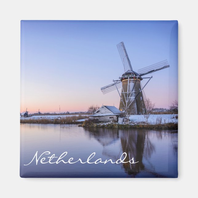 Windmills in winter in Netherlands text magnet (Front)