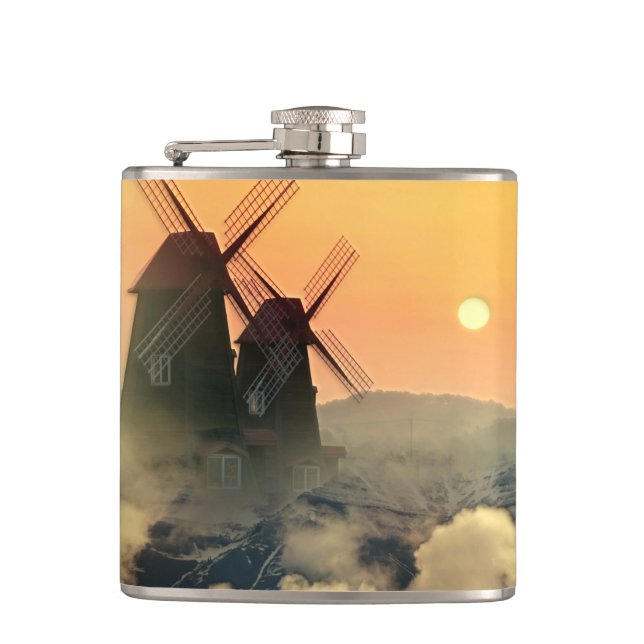 Windmills Mountains and Clouds Hip Flask (Front)