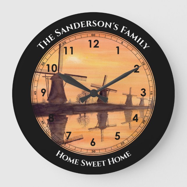 Windmills Sunset Kinderdijk - Watercolor Painting  Large Clock (Front)