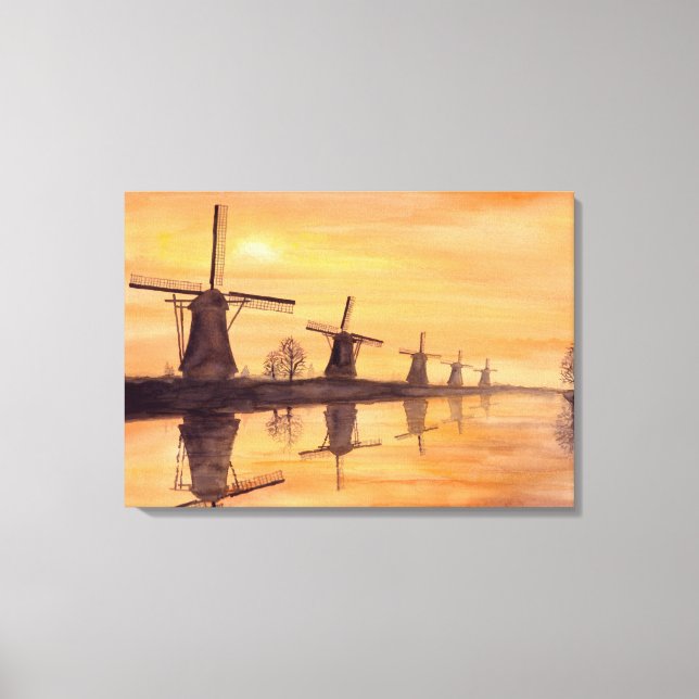 Windmills Sunset Watercolor Painting Canvas Print (Front)