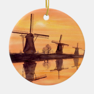 Windmills Sunset - Watercolor Painting Ceramic Ornament