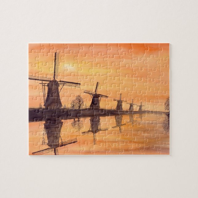 Windmills Sunset - Watercolor Painting Jigsaw Puzzle (Horizontal)